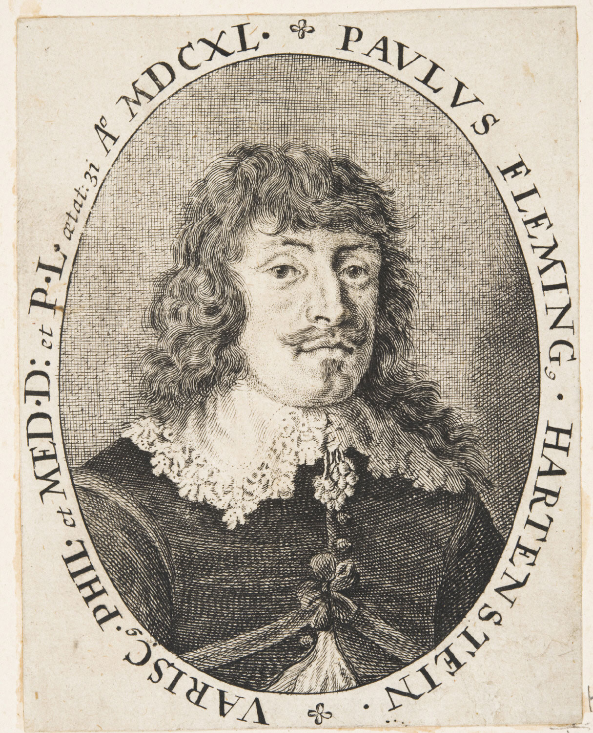 An oval portrait of a man wearing seventeenth-century clothes, including an elaborate lace collar. He wears his curly hair loose to his shoulders, with bangs, and he has a mustache twirled up at either end. An inscription runs around the oval to identify the sitter and the date.
